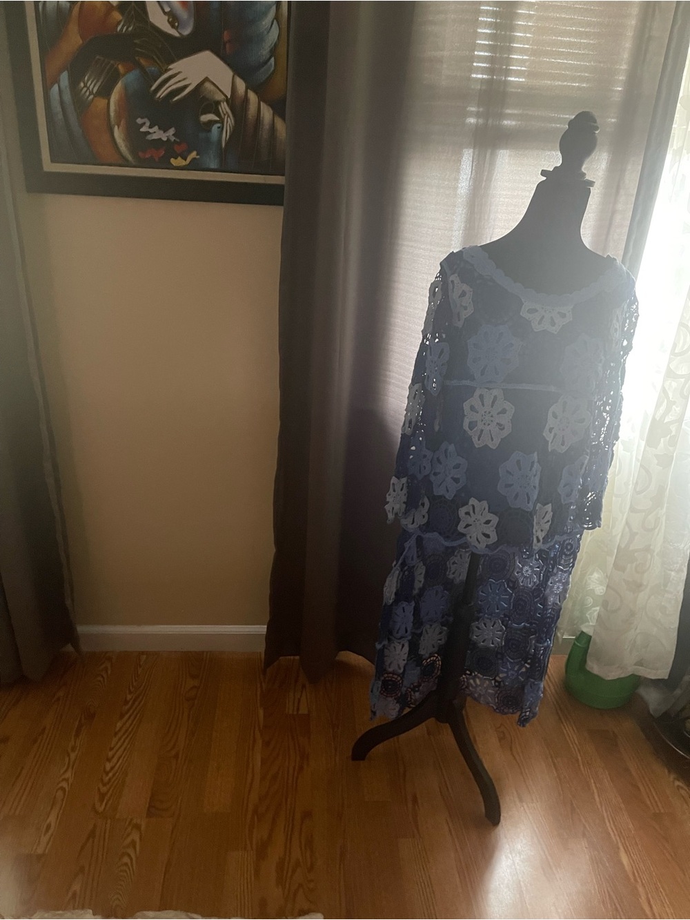 Blue Crochet Floral Long Cardigan - Women's Layered Knit